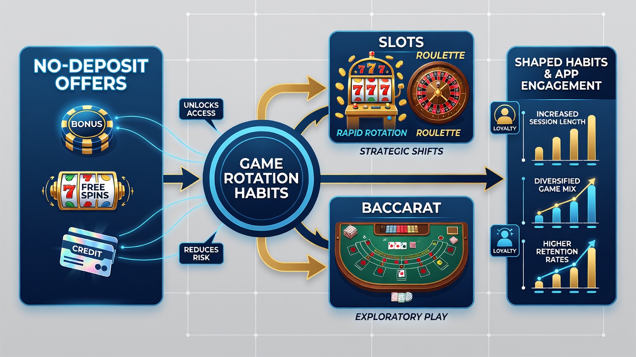 Analytics dashboard displaying player movement between slot, roulette, and baccarat games under no-deposit bonus conditions